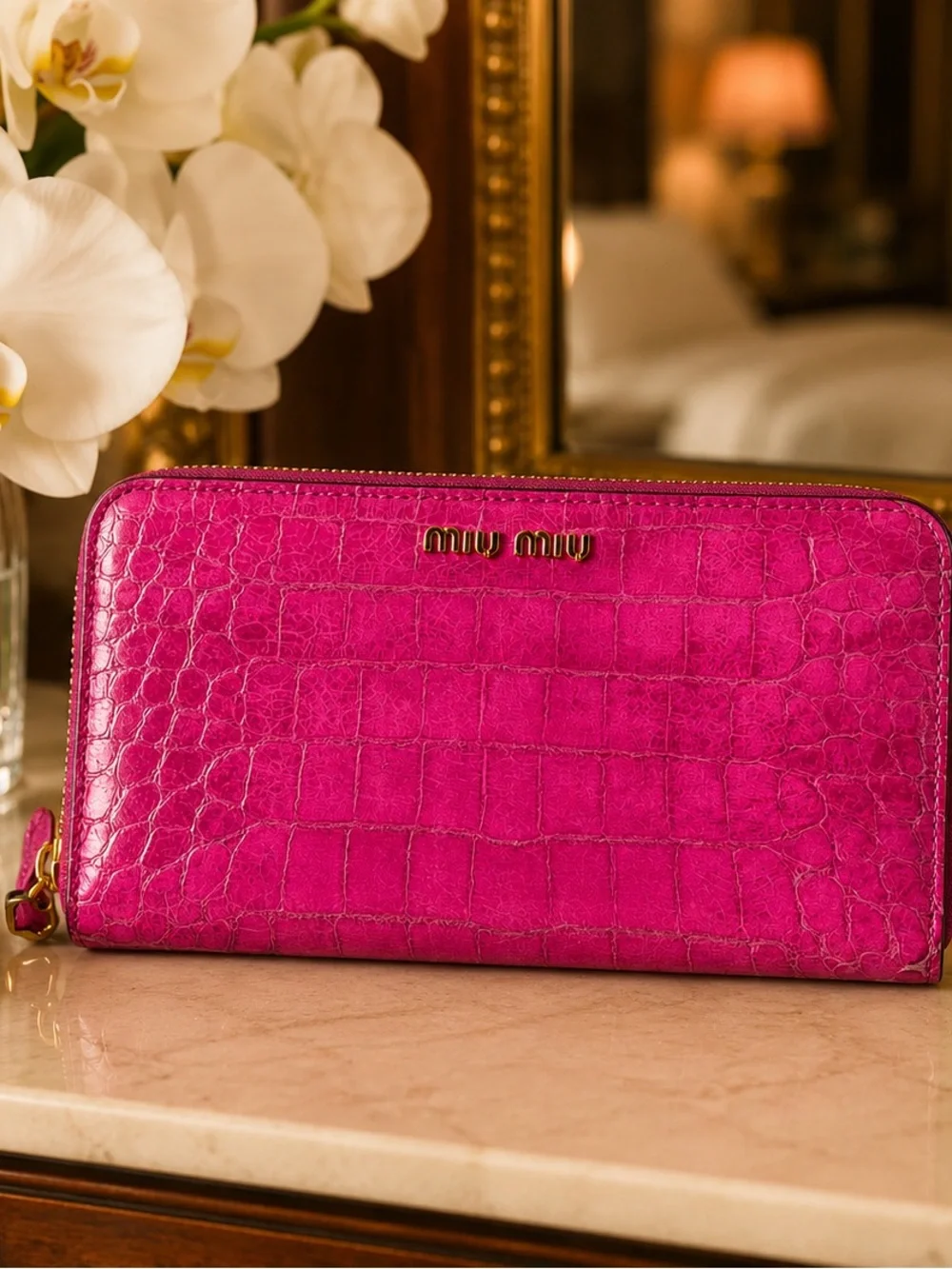 Miu Miu Croc-Embossed Zip Leather Continental Wallet in Fuchsia Pink